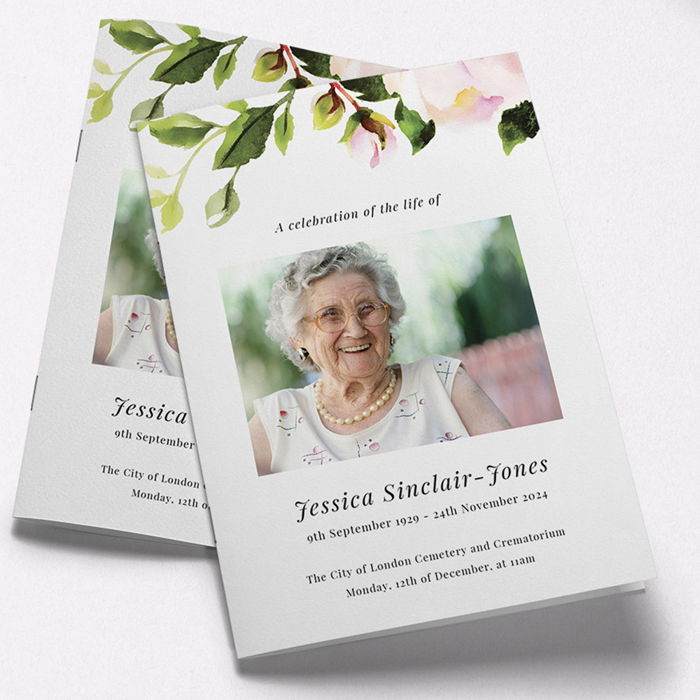 A white and green, a5 portrait funeral programme with an elegant style.