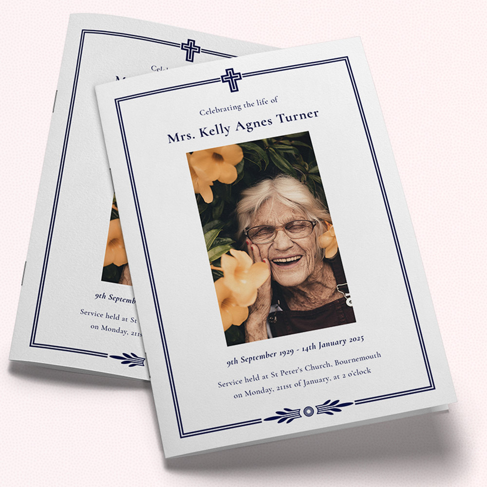 A navy blue, a5 portrait multipage funeral programme with an elegant style.