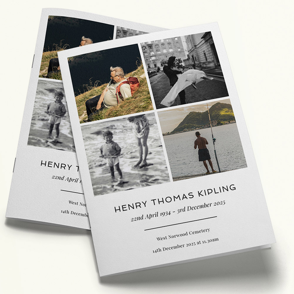 A white and black, a5 portrait multipage funeral programme with a photocollage style.