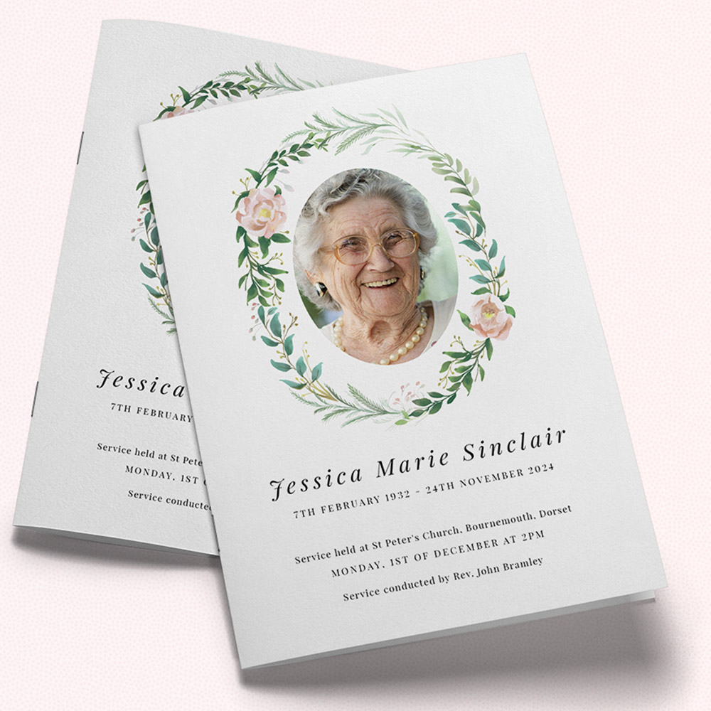 A white and green, a5 portrait funeral order of service with a simple style.