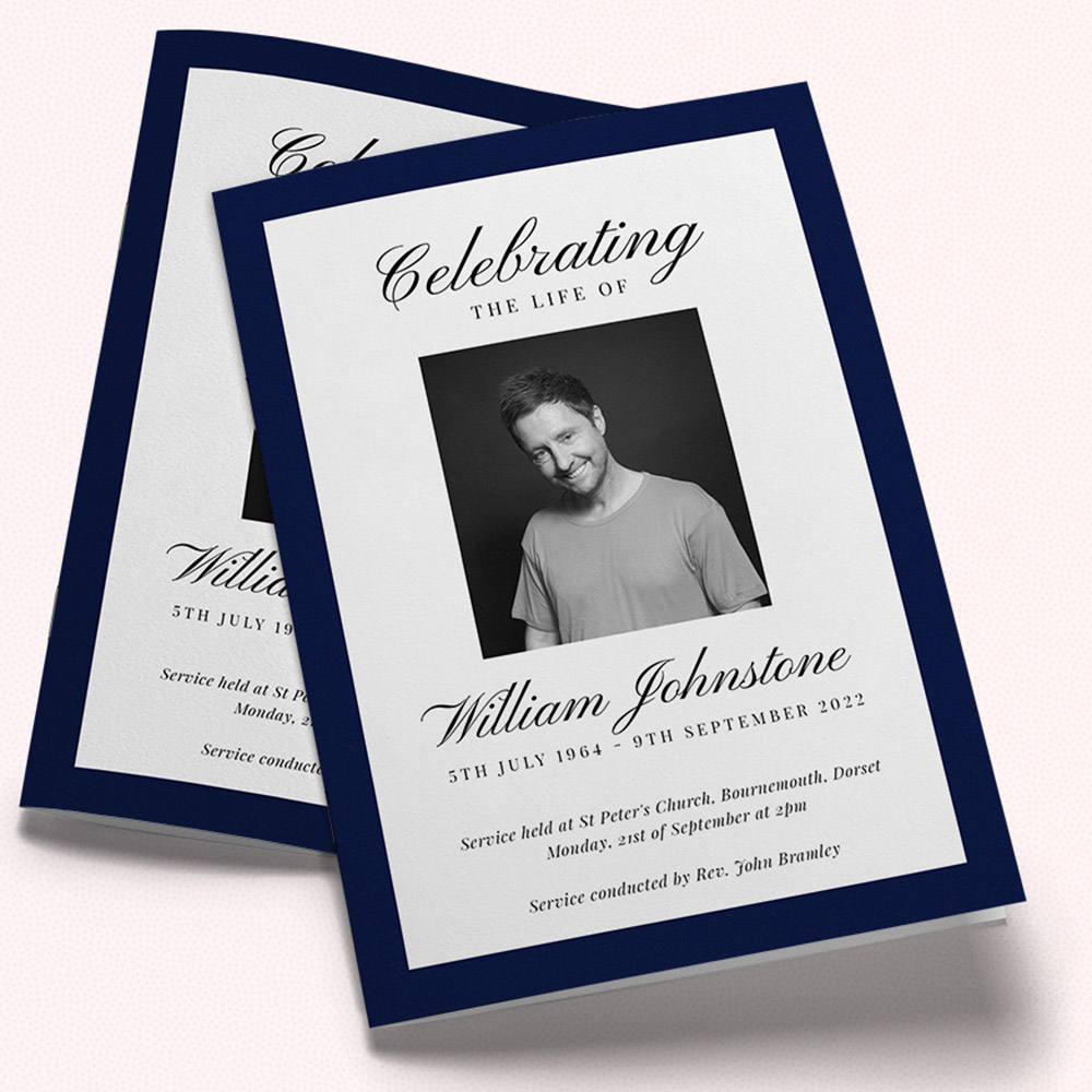 A white and navy blue, a5 portrait funeral order of service with a simple style.