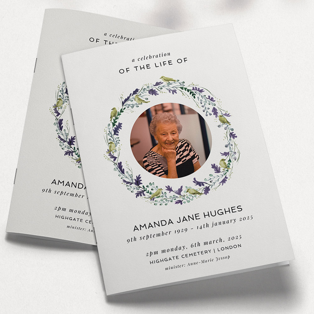 A green and purple, a5 portrait multipage funeral programme with a simple style.