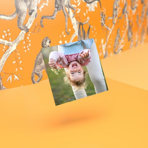 9cm x 9cm square premium photographic fridge magnet, printed in full colour, staged on an orange background