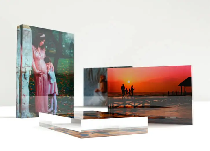 Stylish acrylic photo blocks showcasing vivid photography in grid arrangements