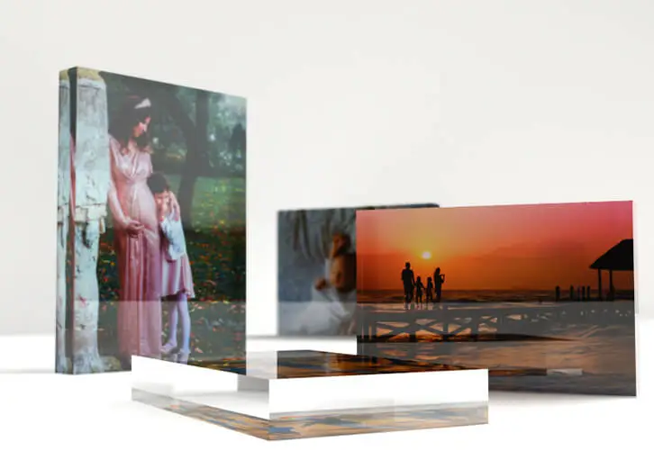 Custom acrylic photo blocks showcasing vibrant images with a sleek and modern aesthetic.