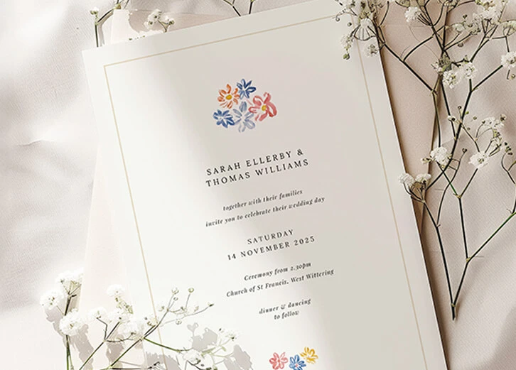 Authentic vintage wedding invitation featuring colourful floral accents and elegant typography