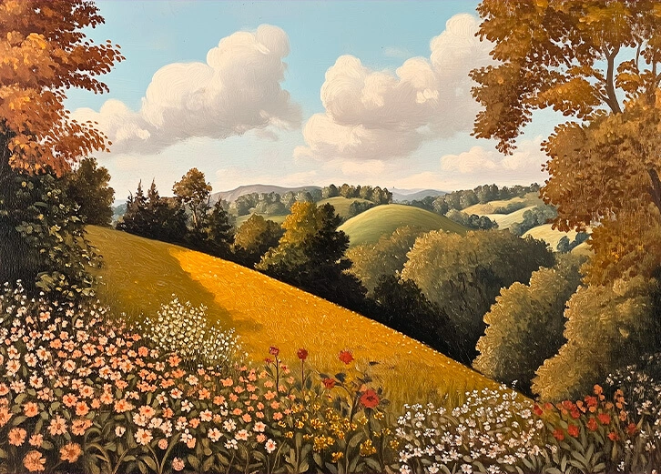 Painting of an autumn field with vibrant flowers and rolling hills