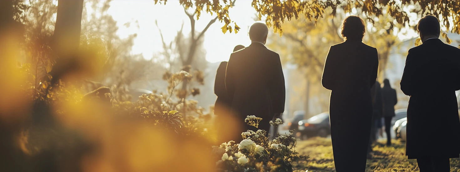 Autumnal funeral procession with warm golden light and flowers, evoking remembrance and serenity