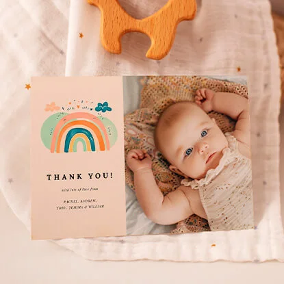 Thank you card with baby photo and sweet rainbow design