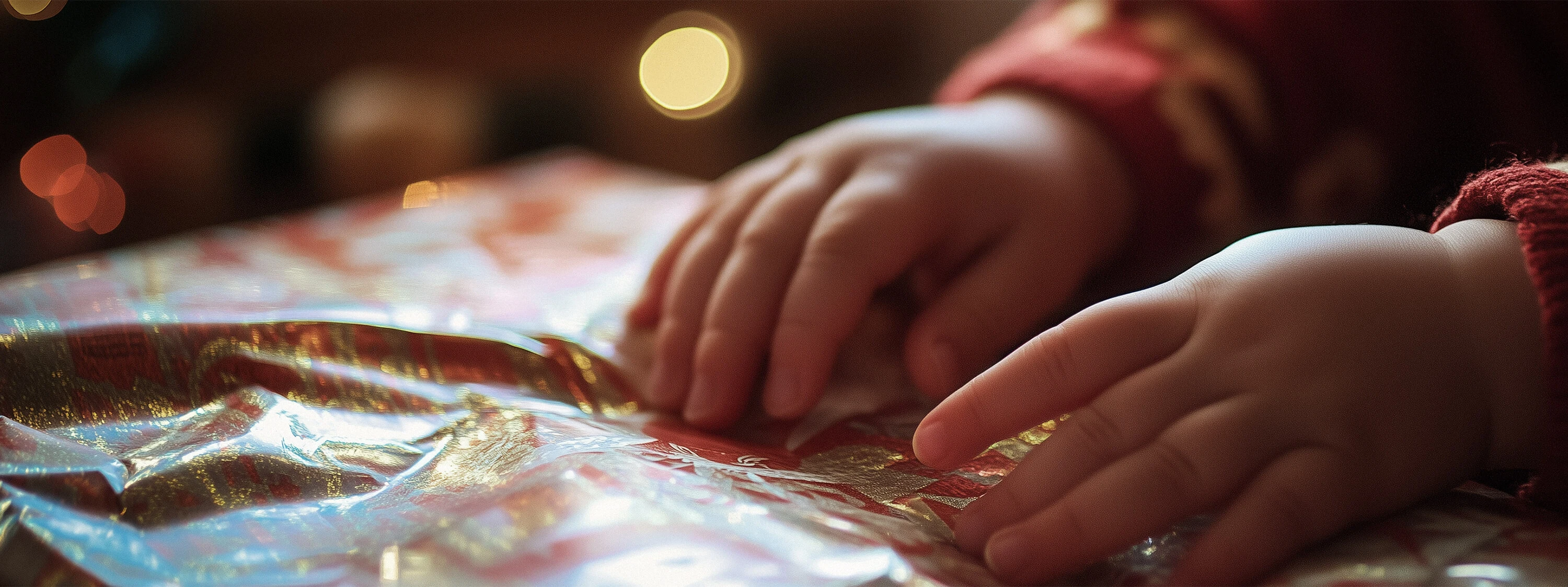 Close-up of a child’s hands unwrapping a festive gift, symbolising seasonal joy and personalised baby stationery and photo gift collections for winter.