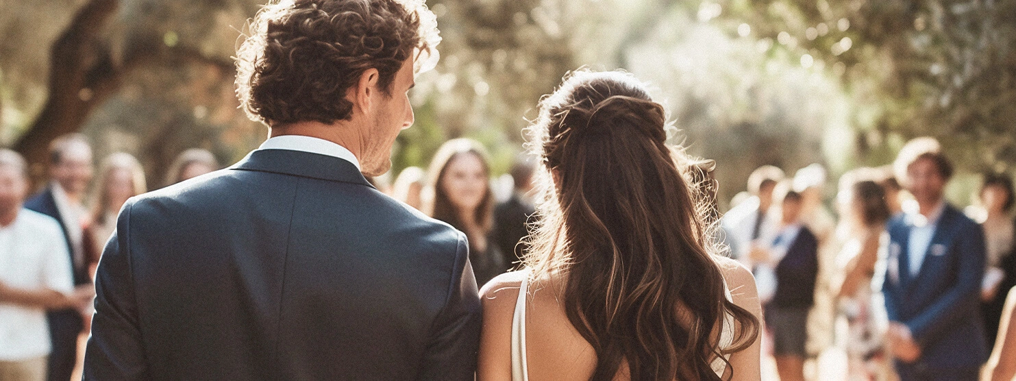 Bride and groom seen from behind during an outdoor wedding ceremony