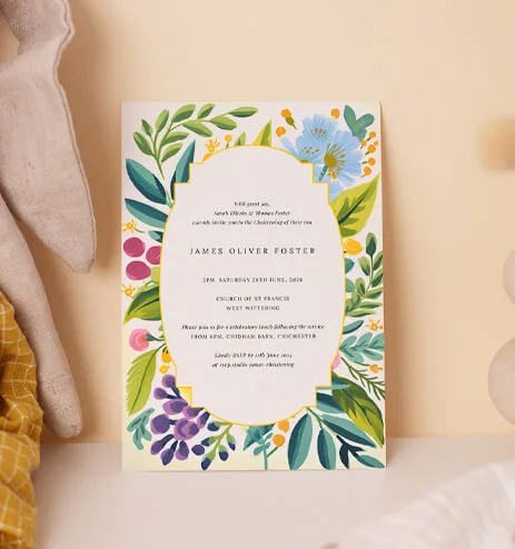 Christening invitation card with vibrant botanical patterns