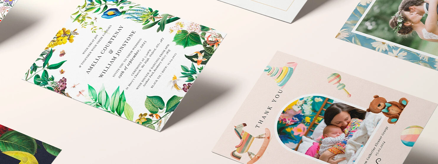 Beautiful event invitations and stationery with colourful floral patterns and photos