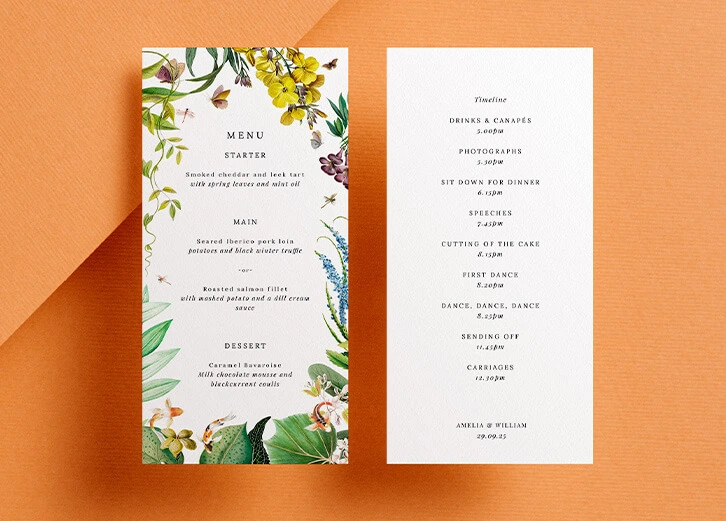 Botanical-themed wedding meal menu featuring colourful illustrations and elegant font