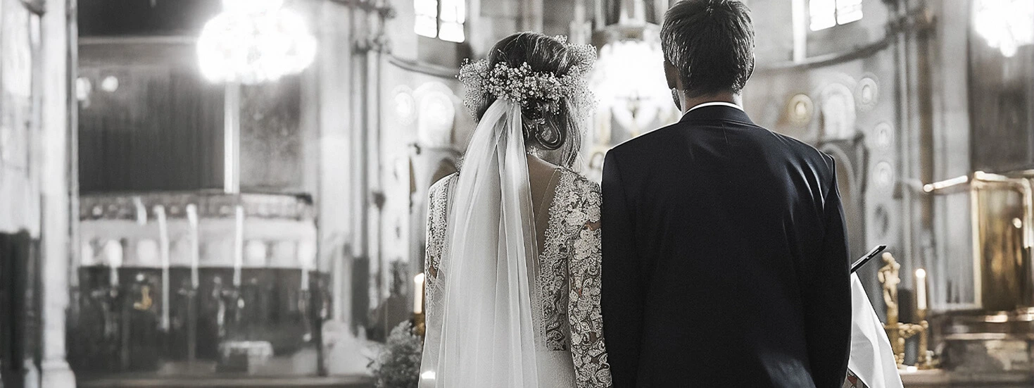 Bride and groom standing at the altar during a traditional church wedding ceremony