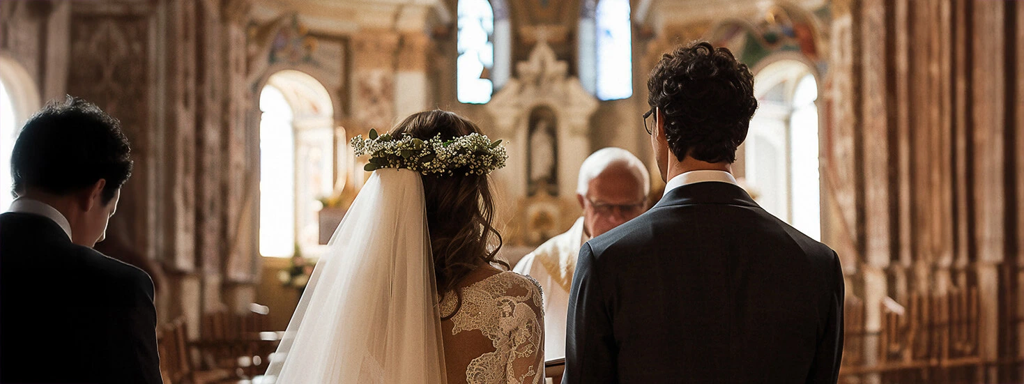 Bride and groom facing the altar during a traditional church wedding ceremony