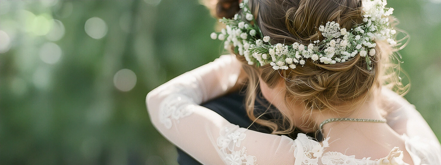 Bride wearing a floral headpiece embracing the groom in a serene garden setting