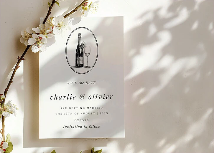 Certified vintage-style save-the-date card featuring a champagne bottle illustration and refined layout