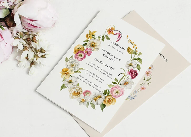 Elegant floral christening thank you card with intricate flower wreath and customised text.