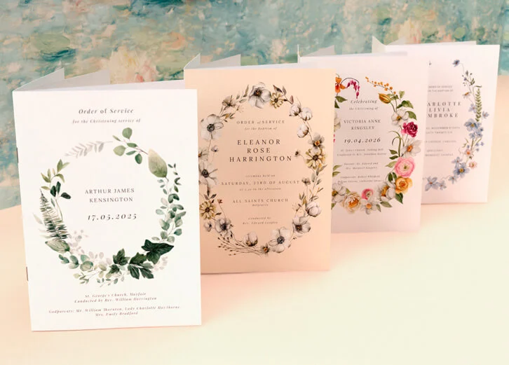 Beautiful order of service designs tailored for christening ceremonies with floral themes