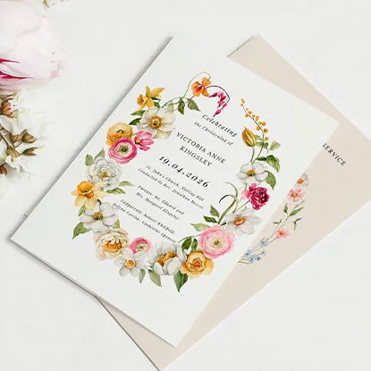 Christening order of service card with pastel floral accents and details