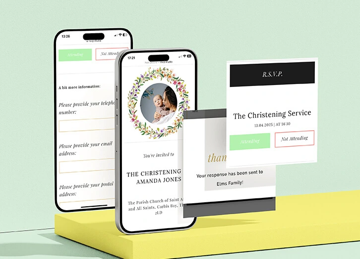 Digital christening invitations with RSVP Studio functionality displayed on smartphones, featuring vibrant floral designs.