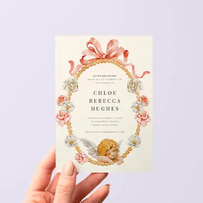 Classic christening invitation card with ornate details and pastel colours