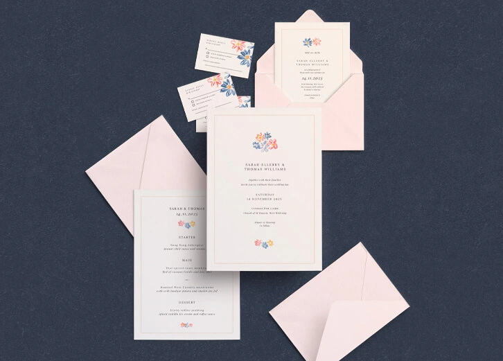 Classic wedding invitation suite with floral design and elegant typography