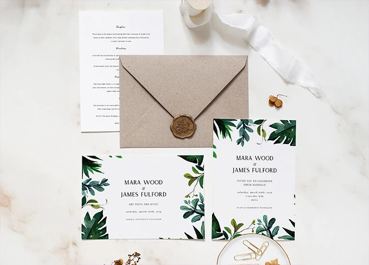 Clear and elegant wedding information sheet with botanical designs and neutral tones