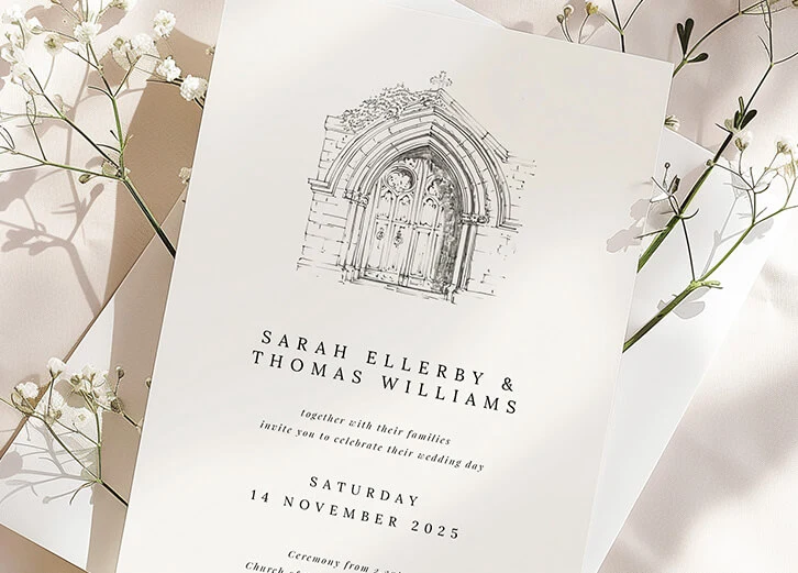 Cohesive vintage wedding invitation with a sketch of a church door and delicate floral decorations