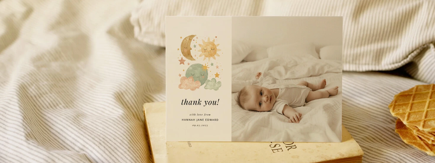 Custom baby thank you card templates featuring colourful designs and heartfelt messaging.