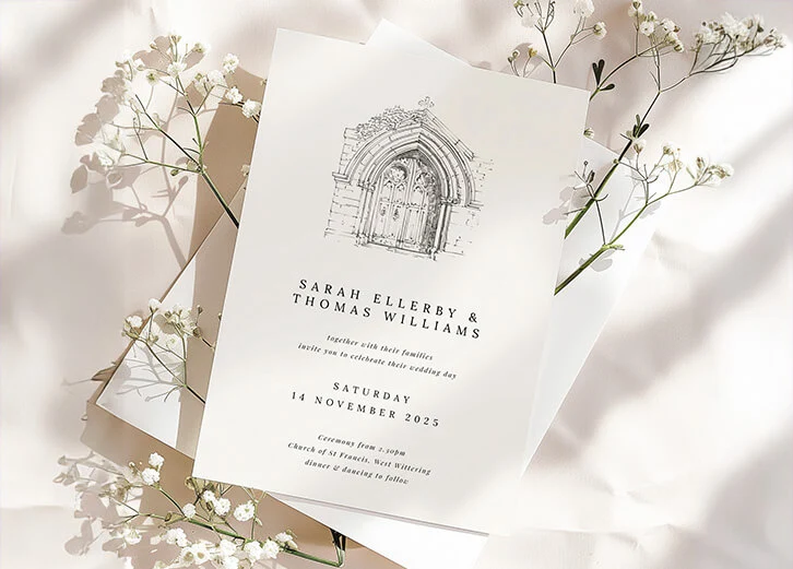 Custom-designed wedding invitation set with a minimalist style and delicate floral accents