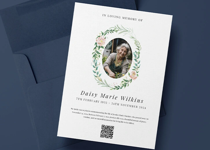 Customisable funeral invitation with a photo surrounded by a floral wreath, ideal for memorial events