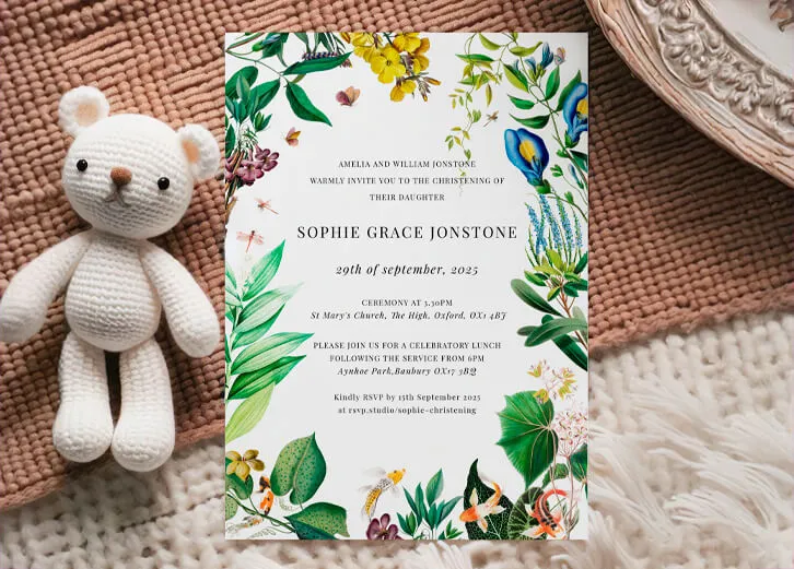 Charming christening invitations featuring elegant floral and religious elements