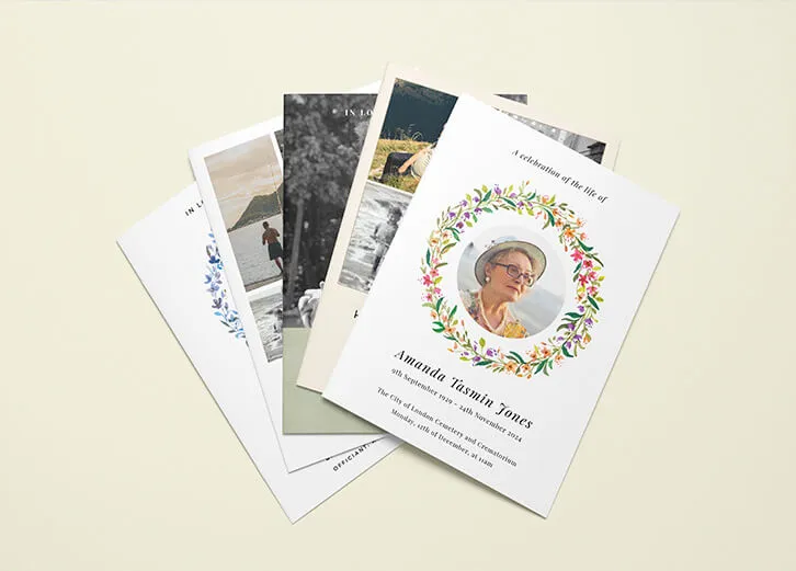 Customisable funeral service programmes with floral and photographic designs for personal touches