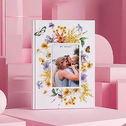 Customised photo notebook featuring floral designs and family photo