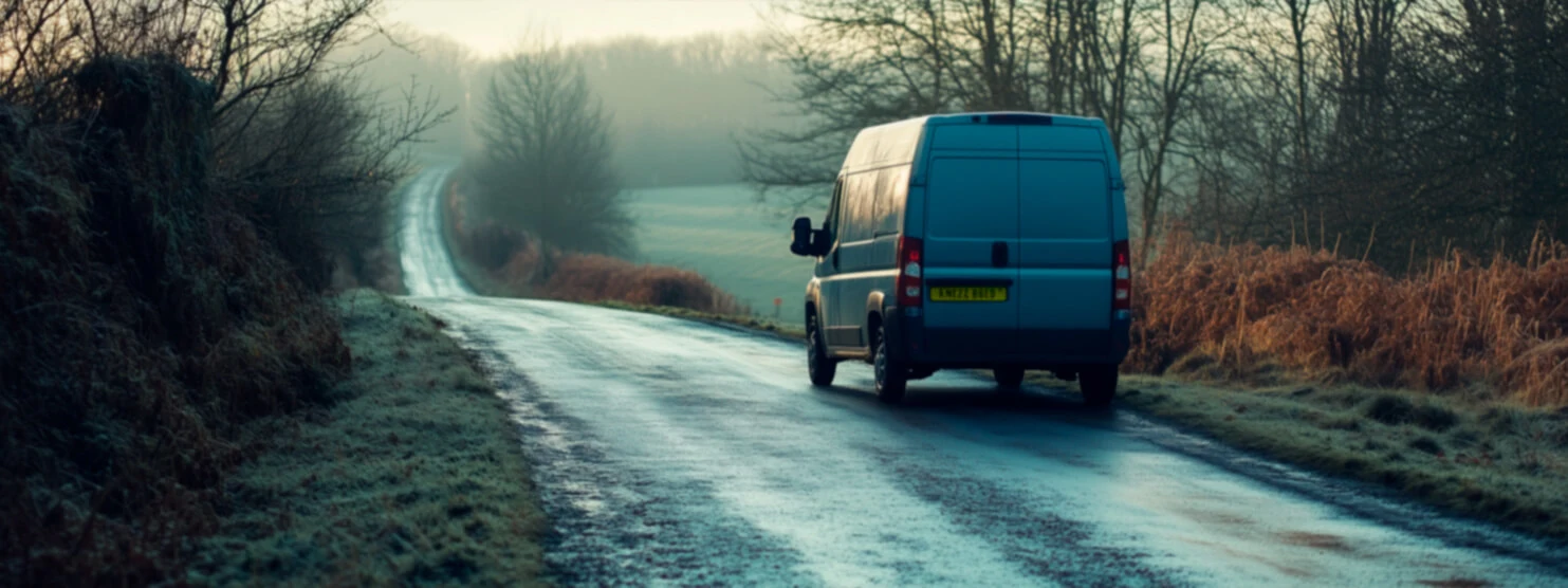 Delivery van on a frosty countryside road, representing reliable shipping services in winter