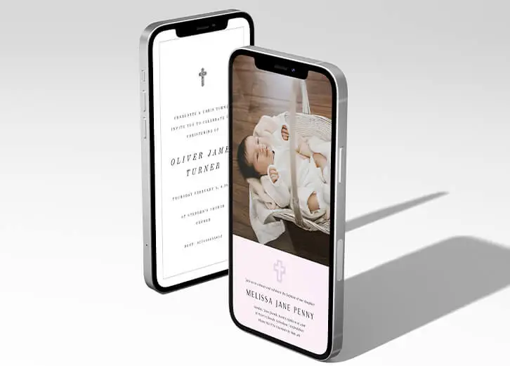 Christening invitations for WhatsApp featuring a baby’s photo and elegant typography on smartphones.