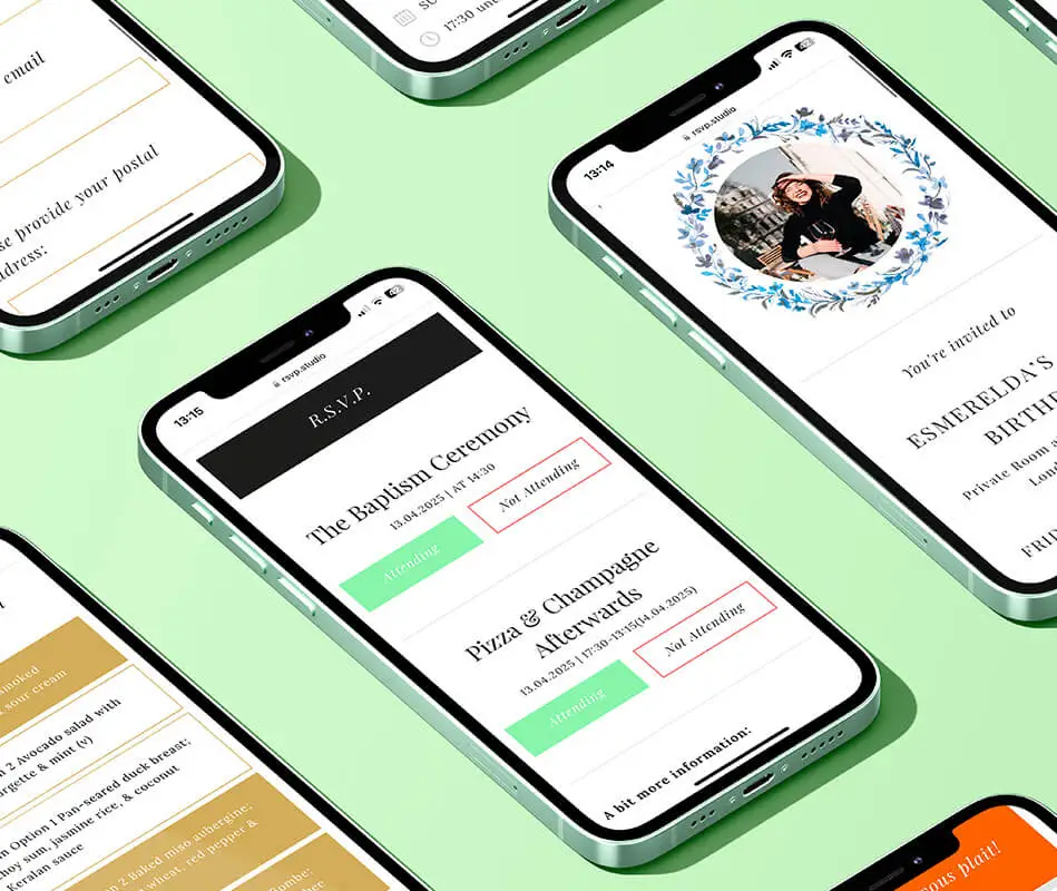 Digital RSVP pages displayed on smartphones with interactive options