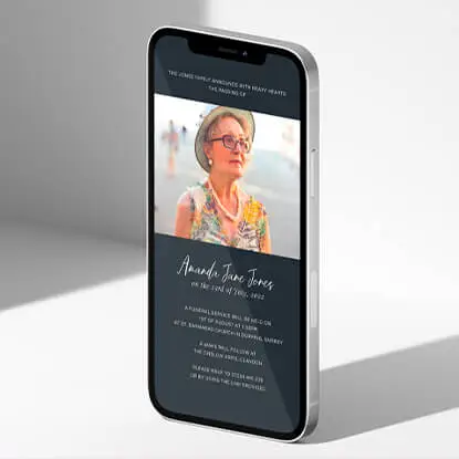 Digital funeral invitation displayed on a smartphone with personal details