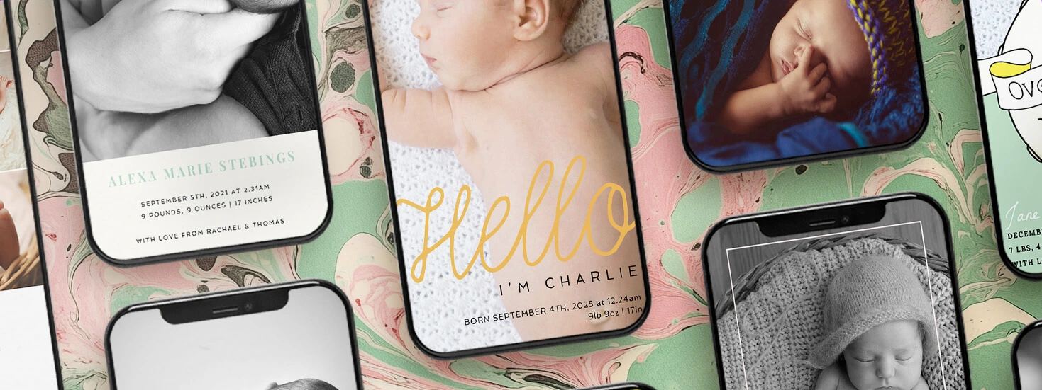 Collection of digital newborn announcements with varied designs and customisable options