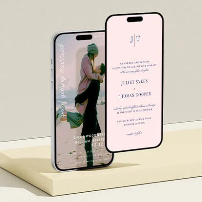 Digital wedding invitations displayed on multiple smartphone screens