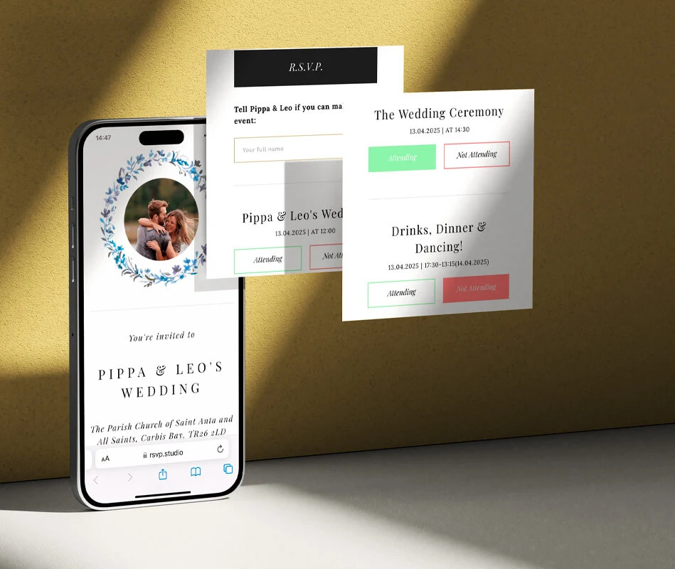 Digital wedding RSVP and invitation suite displayed on a smartphone with elegant floral design