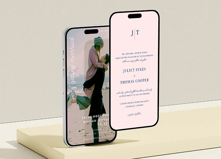 Modern digital wedding save the date and invitation displayed on phones