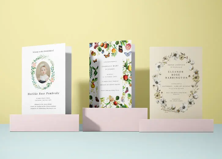 Christening order of service with vintage-inspired floral art