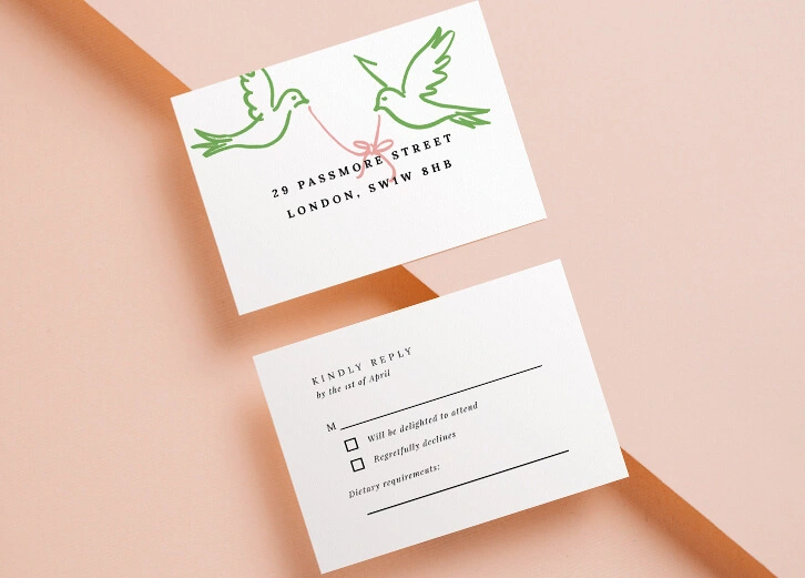 Elegant wedding RSVP card featuring hand-drawn doves and a soft colour palette