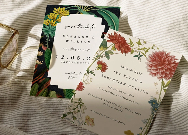 Elegant floral save the date cards featuring custom typography and bold botanical illustrations