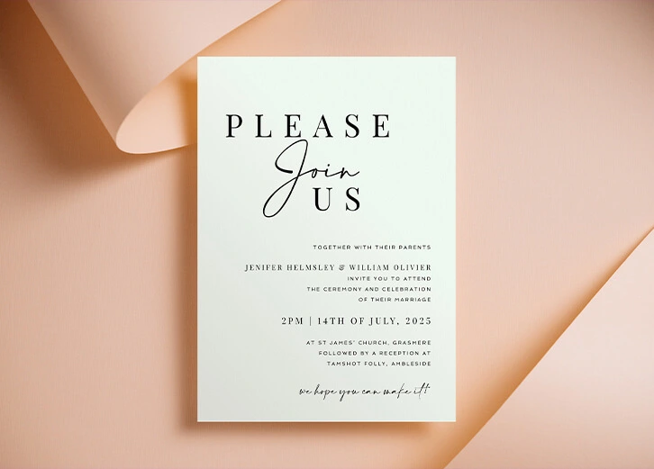 Elegant wedding save-the-date card with a minimalist design and soft peach background