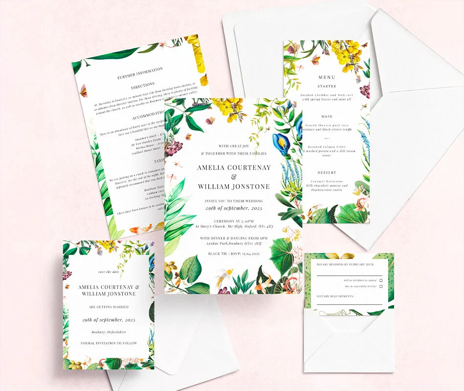 Elegant floral-themed wedding invitation suite with RSVP and menu cards