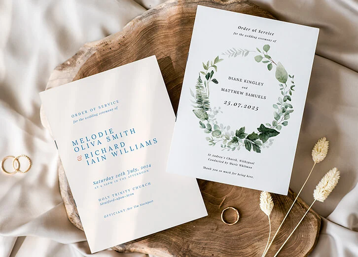 Elegant wedding order of service layout with minimalist typography and floral details